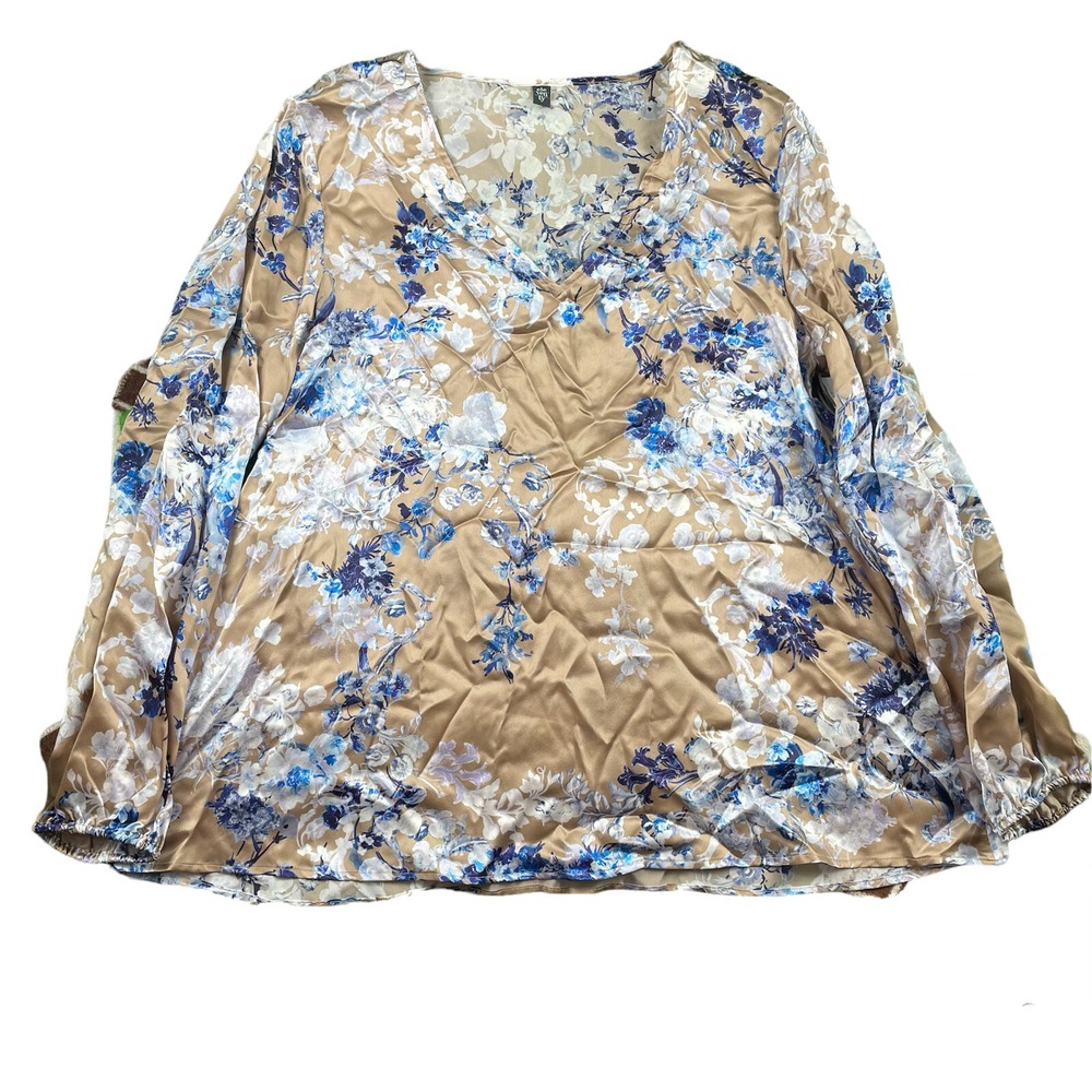 Eleventy Tan Blue Floral Pure Silk Longsleeve V Neck Blouse Size 8 NWT $645